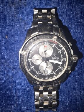 Bulova Silver Stainless Steel Chronograph with Black Dial Marine Star